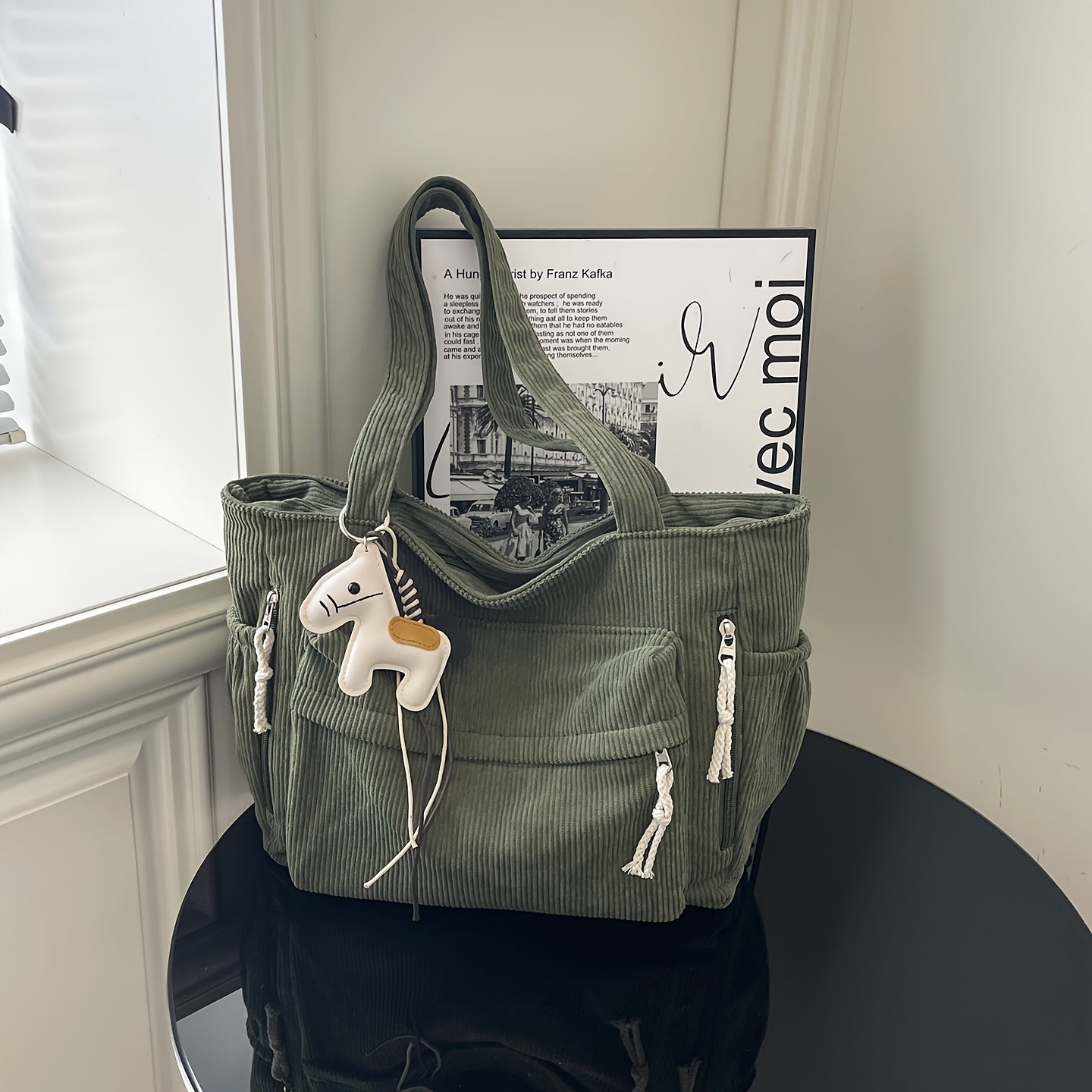Corduroy Tote Bag for Women Large Crossbody Shoulder Bag for Work Commute Travel
