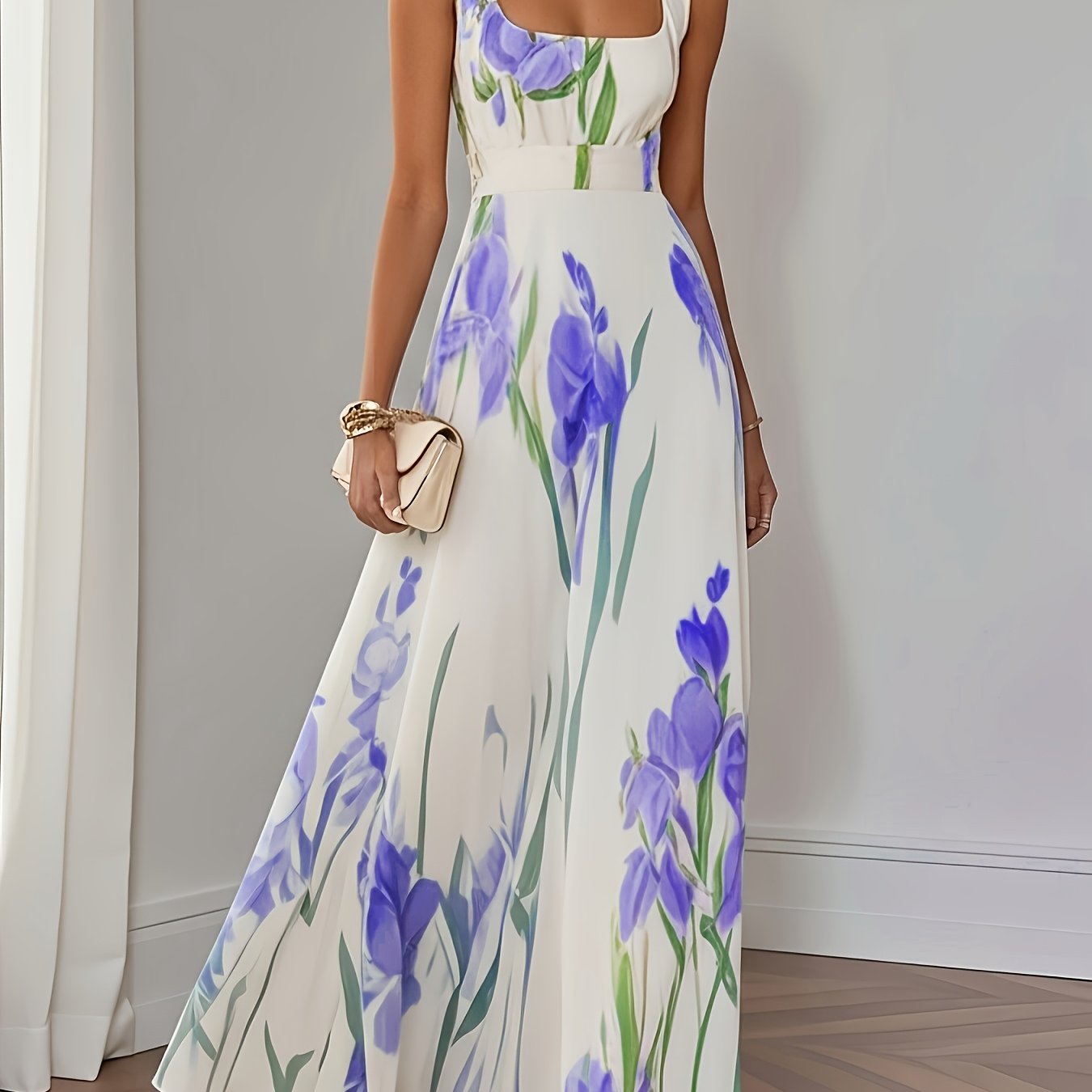 Elegant Women's Floral Print Square Neck A-Line Loose Fit Midi Dress, Suitable for Outings in Spring and Summer, Exquisite