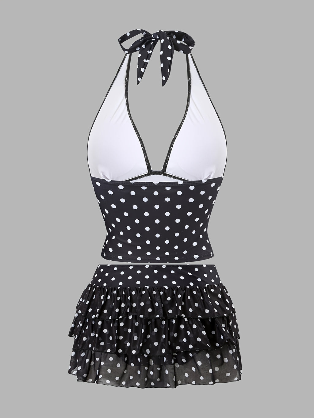 Women's Tankini Swimsuit Set with V-Neck Halter Neck Design, Polka Dot Print, Swim Briefs Paired with Mesh Skirt Hem