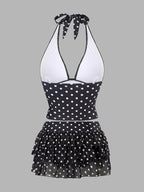 Women's Tankini Swimsuit Set with V-Neck Halter Neck Design, Polka Dot Print, Swim Briefs Paired with Mesh Skirt Hem