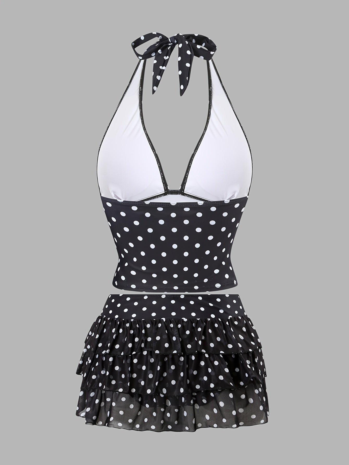 Women's Tankini Swimsuit Set with V-Neck Halter Neck Design, Polka Dot Print, Swim Briefs Paired with Mesh Skirt Hem