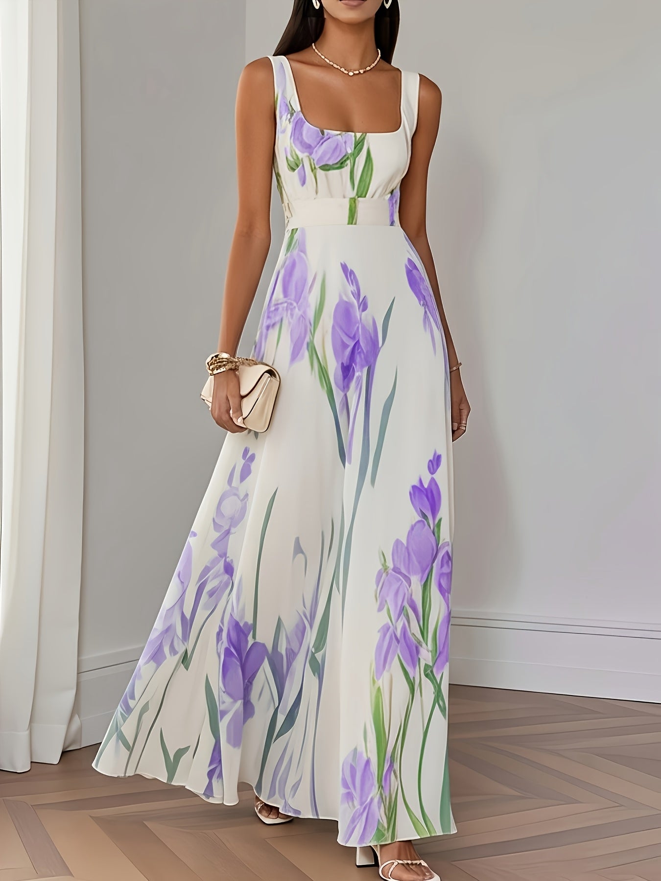 Elegant Women's Floral Print Square Neck A-Line Loose Fit Midi Dress, Suitable for Outings in Spring and Summer, Exquisite