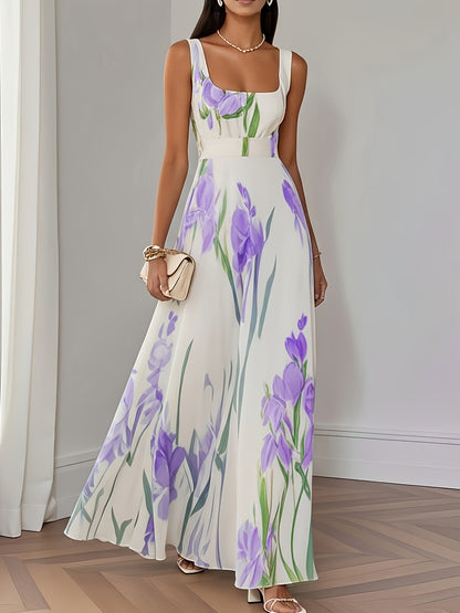 Elegant Women's Floral Print Square Neck A-Line Loose Fit Midi Dress, Suitable for Outings in Spring and Summer, Exquisite