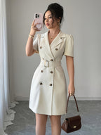 Suit Jacket with Belt at The Waist And Double-Breasted Breeze Sleeve Dress