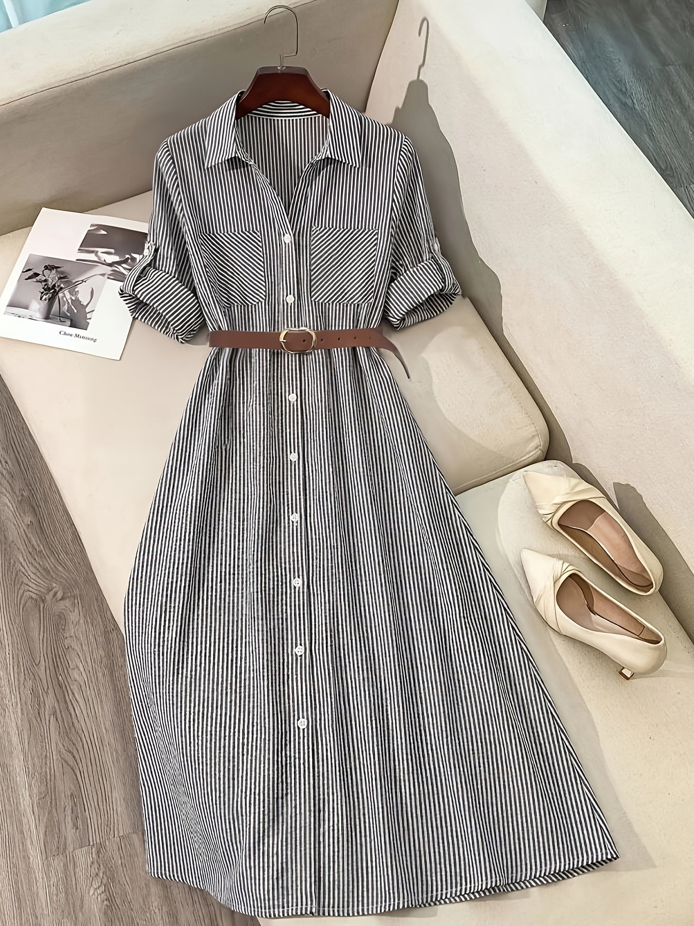 [Elegant Shirt Dress] Elegant Casual Women's Long Shirt Dress | Striped Long-Sleeve Single-Breasted Button Pocket with Belt
