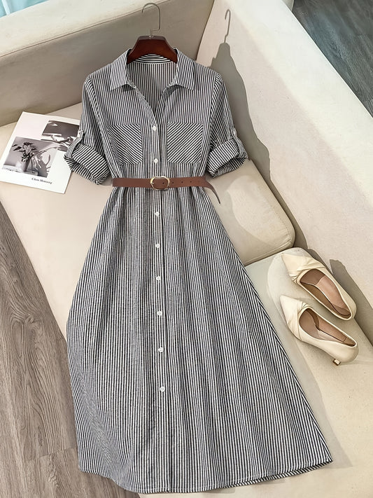 Striped Long Shirt Dress for Women – Button Front, Long Sleeves, Polo Collar, Belt and Pocket