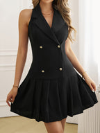 Elegant Directional Double-Breasted Lapel Pleated Hem Dress, Casual Commute Versatile Sleeveless Blazer Dress