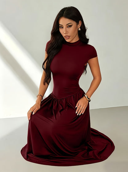 Midi Dress for Women Puff Sleeve Pleated Long Dress for Day Events Smart Casual Summer