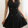 Elegant Directional Double-Breasted Lapel Pleated Hem Dress, Casual Commute Versatile Sleeveless Blazer Dress