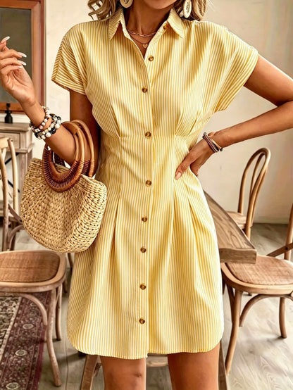 Striped Shirt Dress for Women – Short Sleeve, High Waist, Button Front A-Line