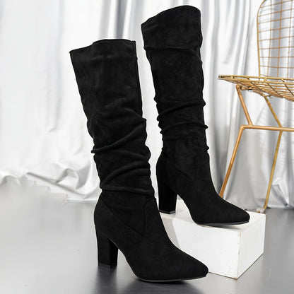 Knee High Boots for Women Velvet Chunky Heel Tall Boots for Autumn Winter Daywear