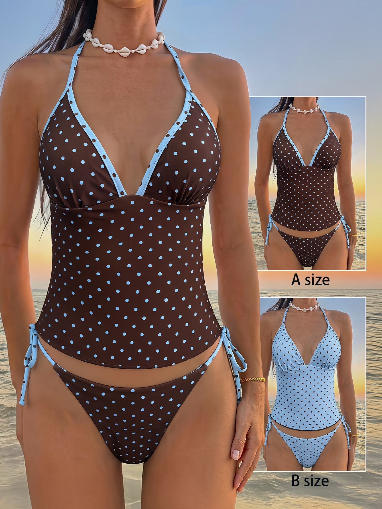 Women's Polka Dot Print Halter Neck Tankini Swimsuit Set, Bohemian Style Backless Knotted Tube Top Halter Bikini, Women's Polka Dot High-Stretch Reversible Design, Free Color Block Mix & Match, Beach Bikini