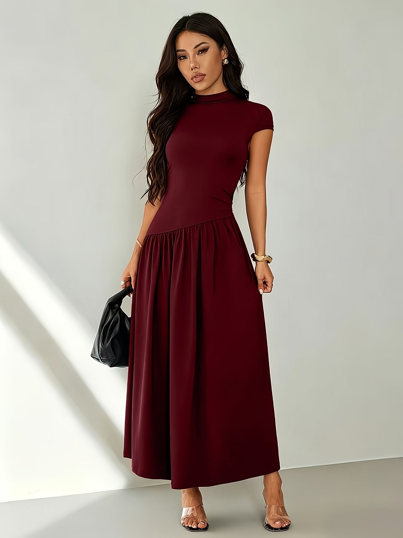 Midi Dress for Women Puff Sleeve Pleated Long Dress for Day Events Smart Casual Summer
