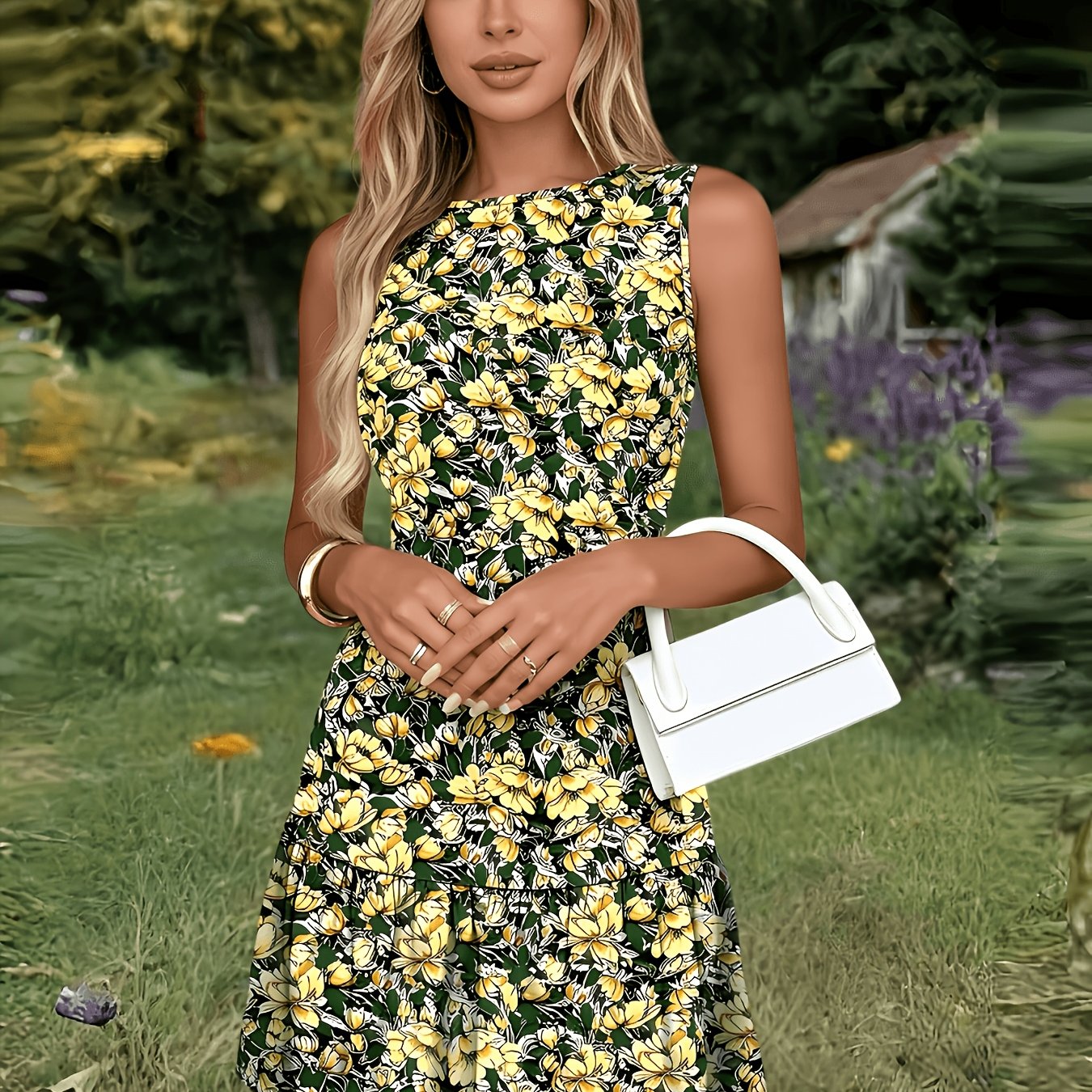 Round Neck, Cinched Waist, Gathered Hem with a Flowing A-line Skirt, Made of a Polyester-spandex, Machine Washable, Suitable for Casual Wear, Vacations, Parties, and Home Life