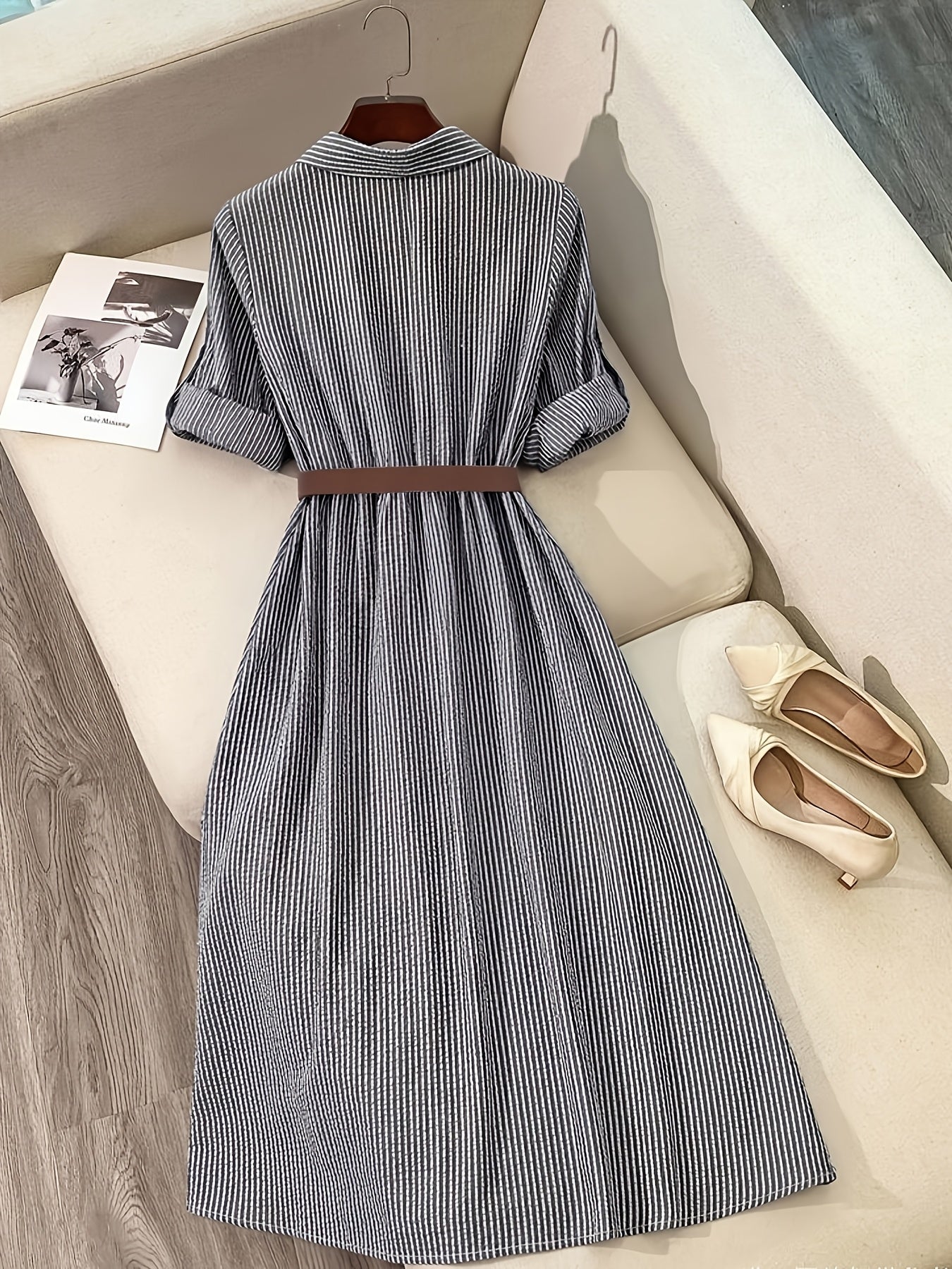 [Elegant Shirt Dress] Elegant Casual Women's Long Shirt Dress | Striped Long-Sleeve Single-Breasted Button Pocket with Belt