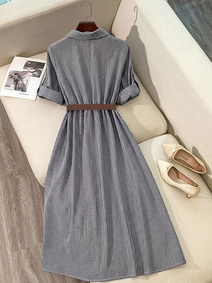 [Elegant Shirt Dress] Elegant Casual Women's Long Shirt Dress | Striped Long-Sleeve Single-Breasted Button Pocket with Belt
