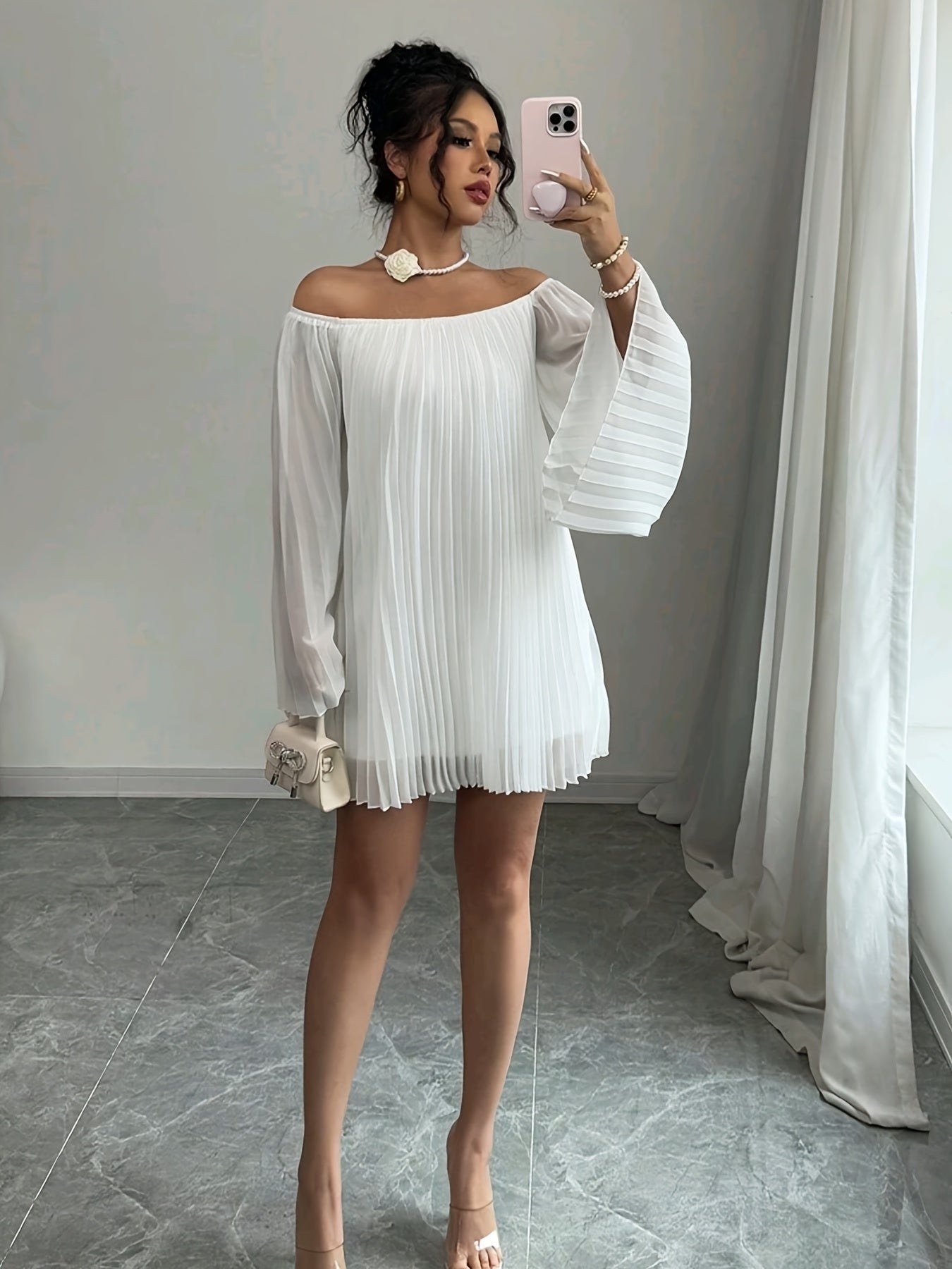 Women'S Elegant Off-Shoulder Ruched Long Sleeve Chiffon Dress