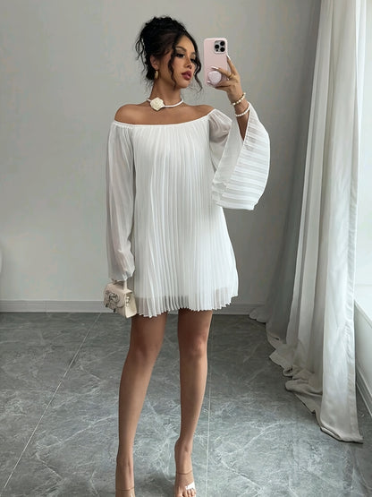 Women'S Elegant Off-Shoulder Ruched Long Sleeve Chiffon Dress