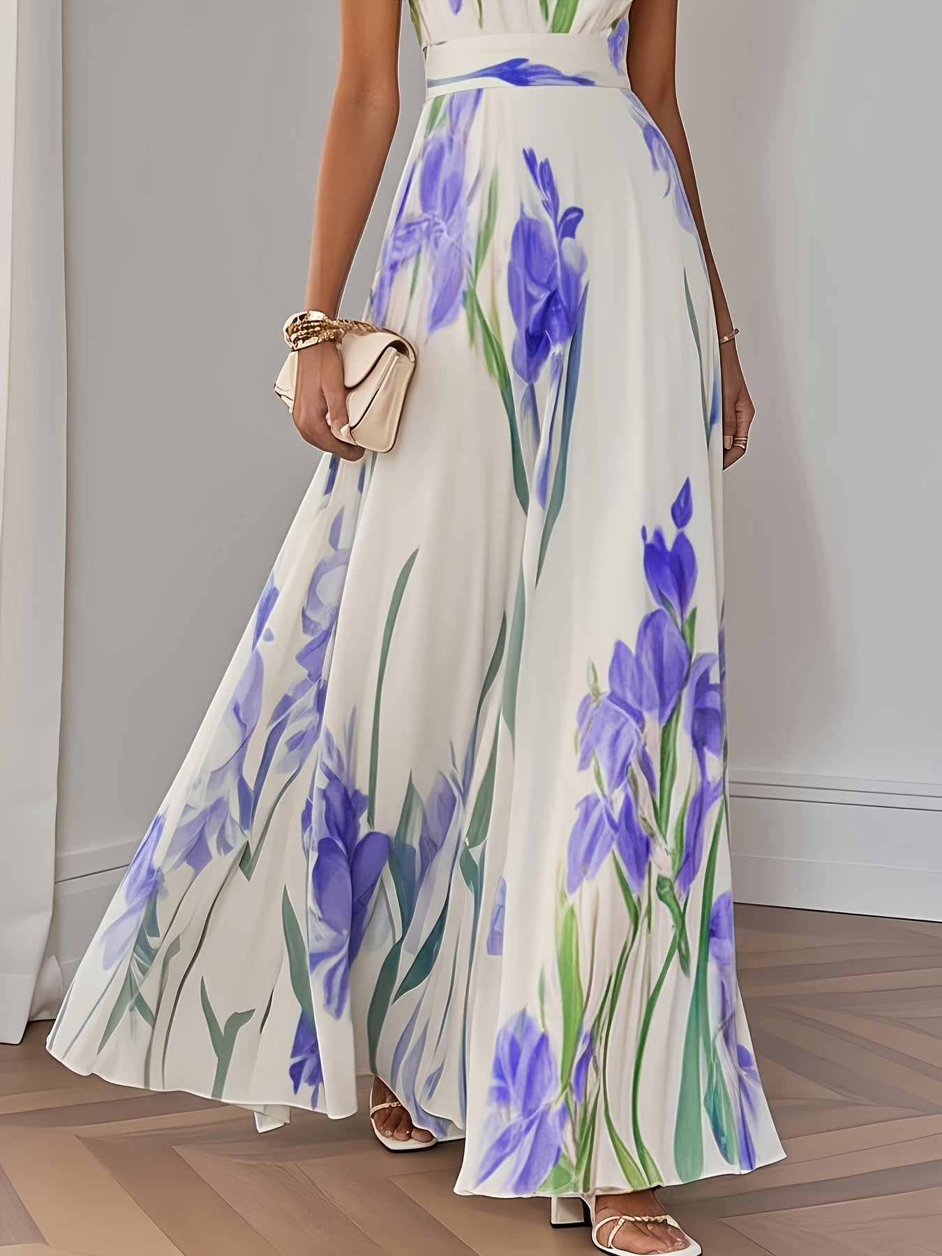 Elegant Women's Floral Print Square Neck A-Line Loose Fit Midi Dress, Suitable for Outings in Spring and Summer, Exquisite