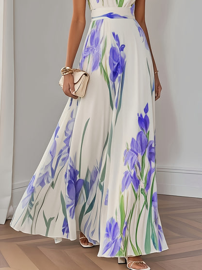 Elegant Women's Floral Print Square Neck A-Line Loose Fit Midi Dress, Suitable for Outings in Spring and Summer, Exquisite