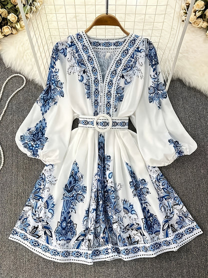 Women's Vintage Palace-Inspired Floral Print A-Line Dress with Lantern Sleeves & Adjustable Waist Tie - V-Neck Long Sleeve Loose Fit Maxi Dress for Spring/Fall, Machine Washable, Cute Dresses