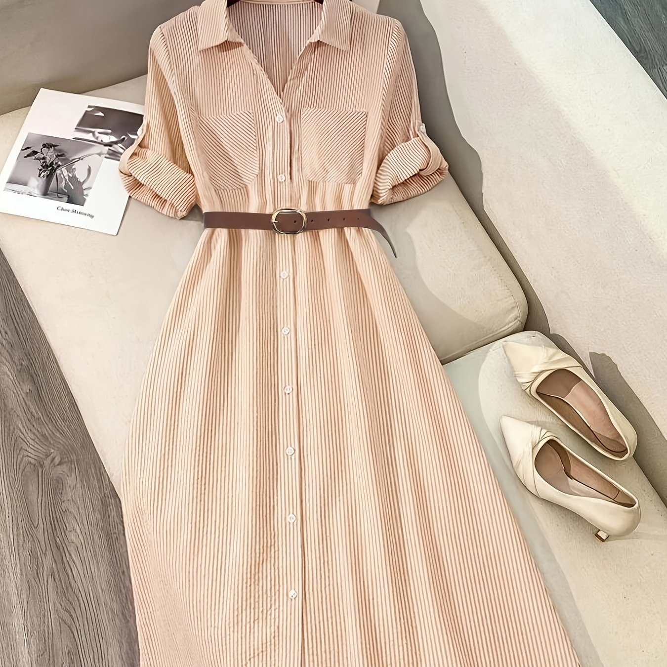 [Elegant Shirt Dress] Elegant Casual Women's Long Shirt Dress | Striped Long-Sleeve Single-Breasted Button Pocket with Belt