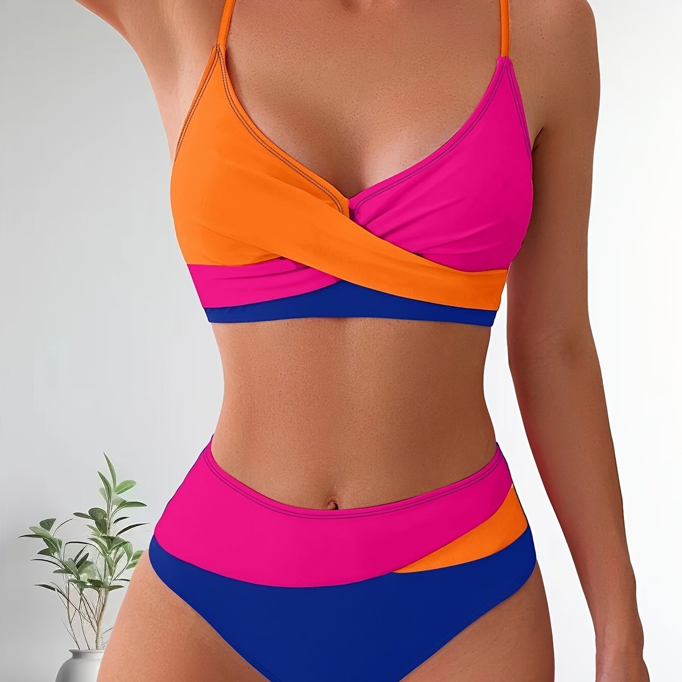 Solid Color Patchwork High-Waisted Sexy Bikini Split Swimsuit Swimwear