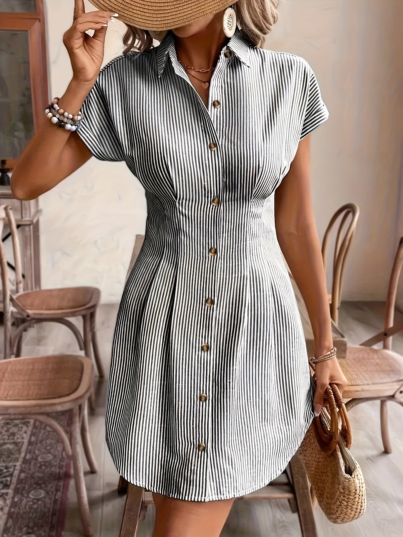 Striped Shirt Dress for Women – Short Sleeve, High Waist, Button Front A-Line