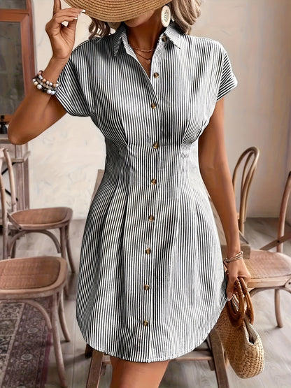 Striped Shirt Dress for Women – Short Sleeve, High Waist, Button Front A-Line