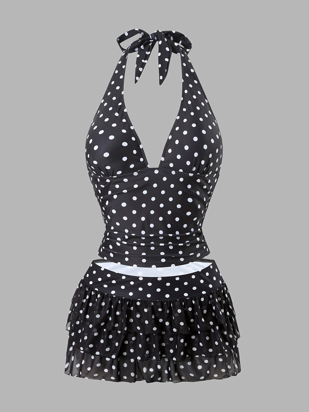 Women's Tankini Swimsuit Set with V-Neck Halter Neck Design, Polka Dot Print, Swim Briefs Paired with Mesh Skirt Hem