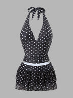 Women's Tankini Swimsuit Set with V-Neck Halter Neck Design, Polka Dot Print, Swim Briefs Paired with Mesh Skirt Hem