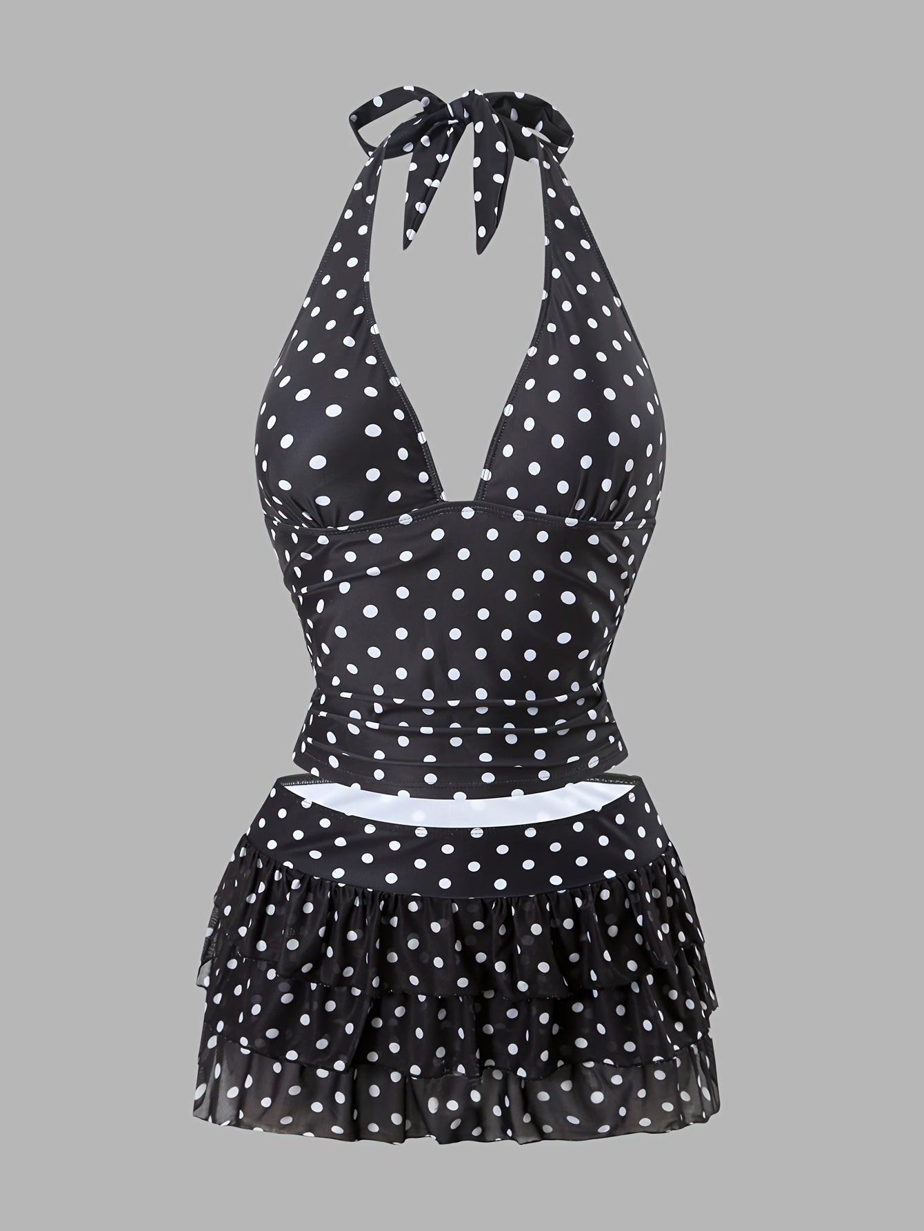 Women's Tankini Swimsuit Set with V-Neck Halter Neck Design, Polka Dot Print, Swim Briefs Paired with Mesh Skirt Hem