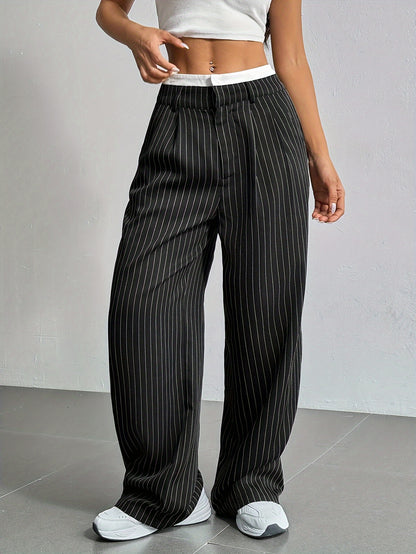 Early Autumn New Striped High-Waist Contrast Button-Closure Wide-Leg Suit Women'S Long Trousers
