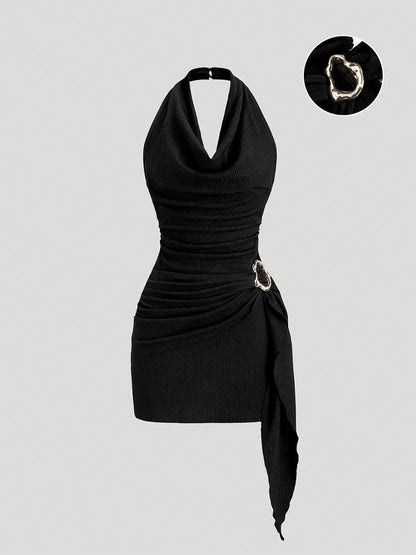 Party Dress for Women Draped Neckline Asymmetric Ruffle Dress with Metal Buckle