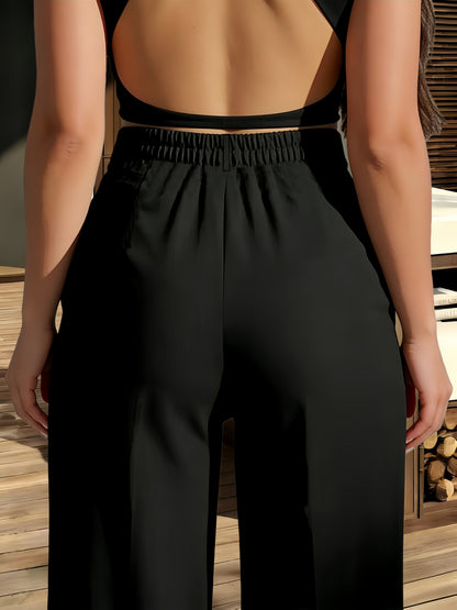 Elegant Women's Trousers - Solid Color High-Waisted Dress Pants - Casual Vacation Daily Office Wear Straight-Leg Pants with Elastic Waistband and Pockets - Durable Fabric - New Autumn Women's Clothing