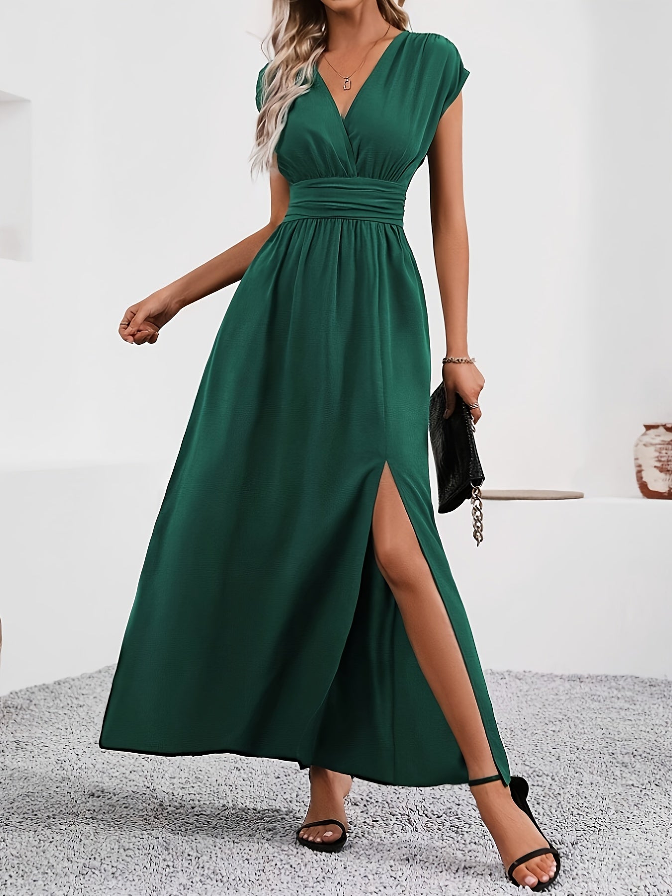 Elegant V-Neck -Line Maxi Dress Suitable for Weddings, Parties & Daily Wear - Machine Washable Solid Color Dress with V-Neck Collar, Flattering Fit for Events & Casual Occasions (Year-Round Wear)