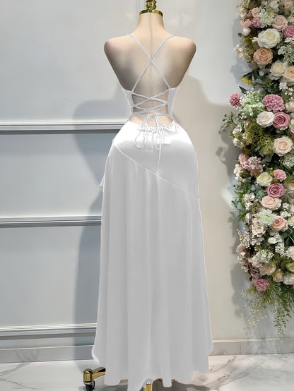 Satin Dress for Women Spaghetti Strap Ruched Open Back Party Wedding Guest Dress