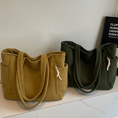 Corduroy Tote Bag for Women Multi Pocket Shoulder Bag for Commute Shopping Travel