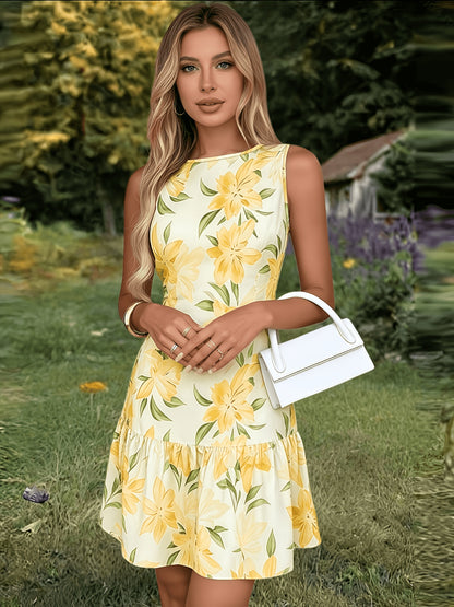 Round Neck, Cinched Waist, Gathered Hem with a Flowing A-line Skirt, Made of a Polyester-spandex, Machine Washable, Suitable for Casual Wear, Vacations, Parties, and Home Life