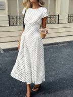 New Summer Women's White Polka Dot Short Sleeve Round Neck Midi Dress