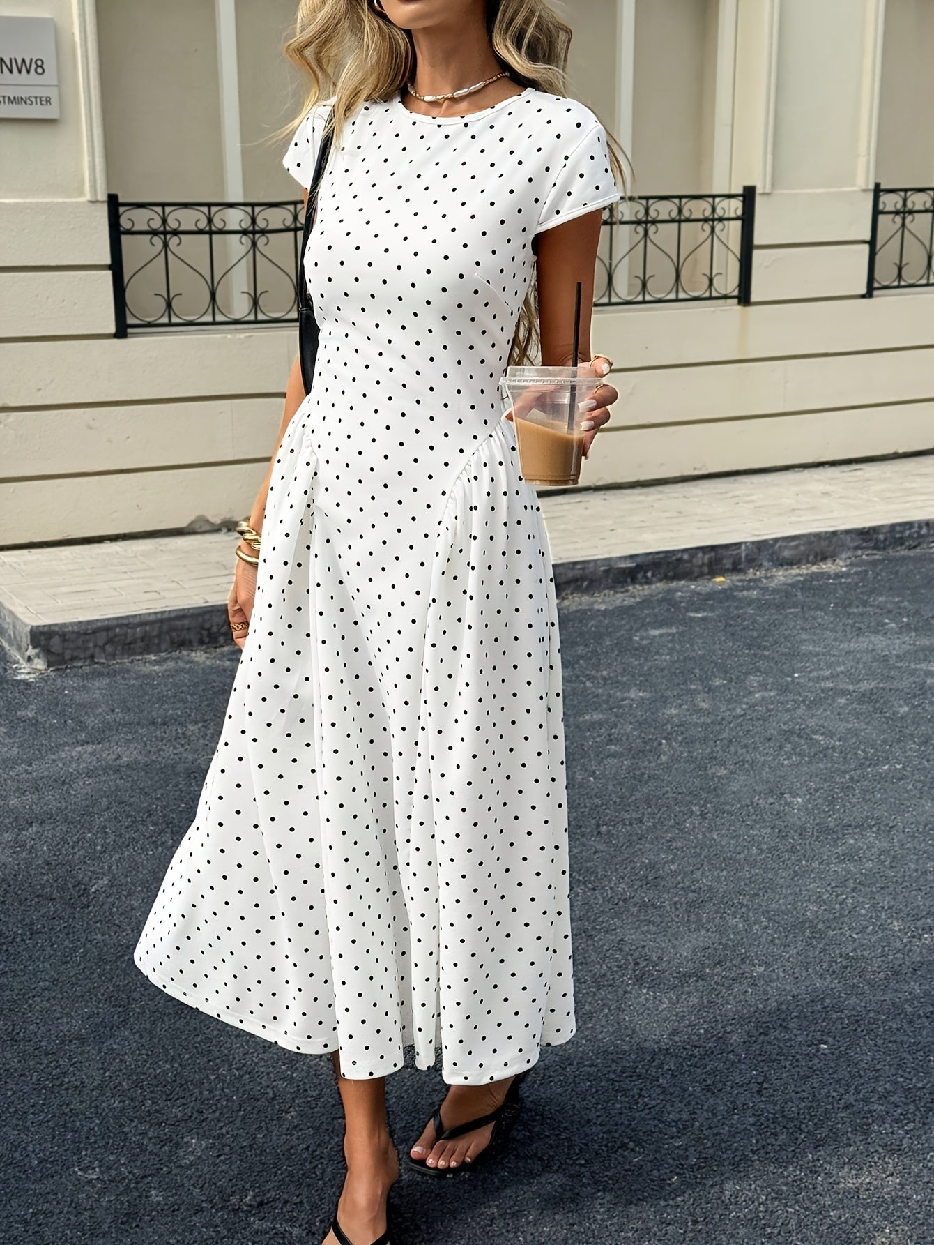 New Summer Women's White Polka Dot Short Sleeve Round Neck Midi Dress