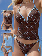 Women's Polka Dot Print Halter Neck Tankini Swimsuit Set, Bohemian Style Backless Knotted Tube Top Halter Bikini, Women's Polka Dot High-Stretch Reversible Design, Free Color Block Mix & Match, Beach Bikini