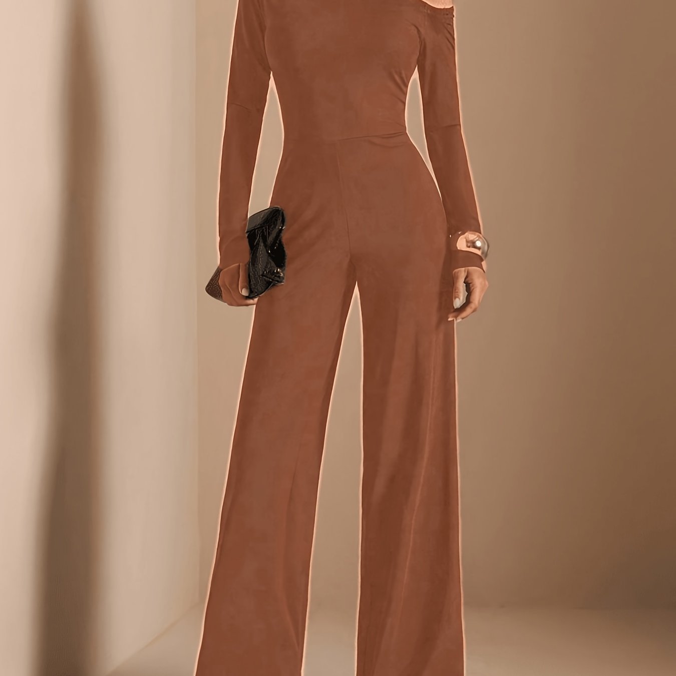 [Asymmetric Off-Shoulder Romper] Women's Elegant Asymmetric Off Shoulder Long Sleeve Wide Leg Romper - Solid Black Casual Jumpsuit for Spring Summer