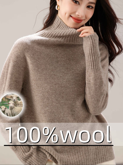 100% Wool Seamless High Neck Sweater - Loose Fit Sleeve Pullover with Micro-Stretch, Solid Color Top for Autumn Winter, Middle Eastern-Inspired Casual Chic Style
