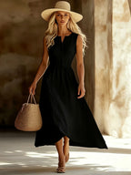 Women's Summer French-Style Waist-Cinching Midi A-Line Holiday Style Maxi Dress, 2026 New Arrival Classic Comfortable Sleeveless V-Neck Single-Breasted Dress