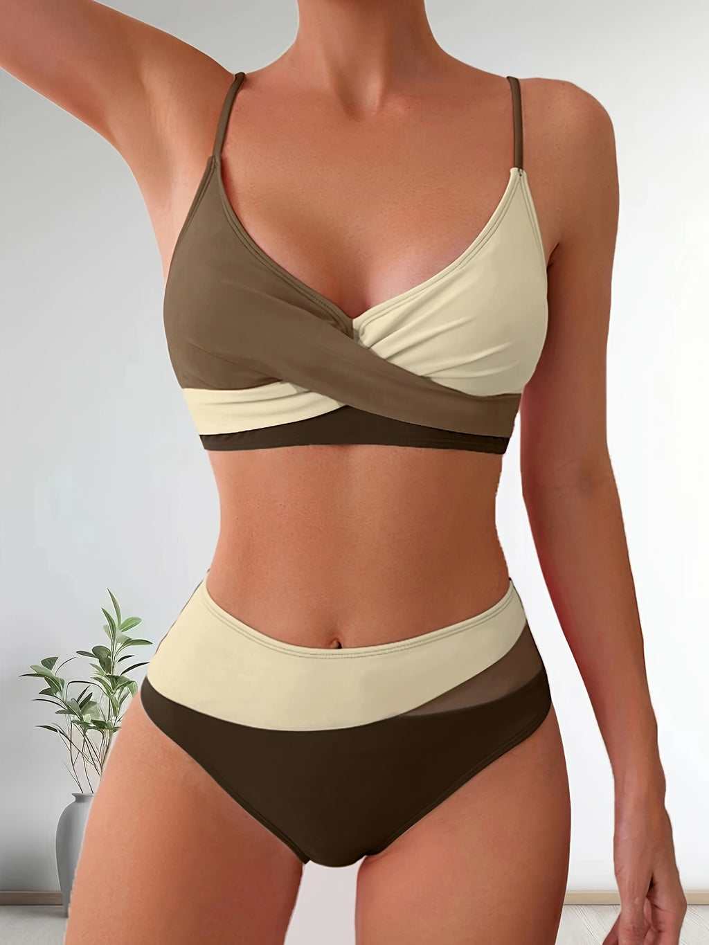 Solid Color Patchwork High-Waisted Sexy Bikini Split Swimsuit Swimwear