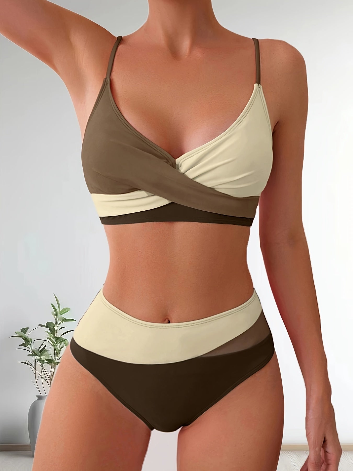 Solid Color Patchwork High-Waisted Sexy Bikini Split Swimsuit Swimwear