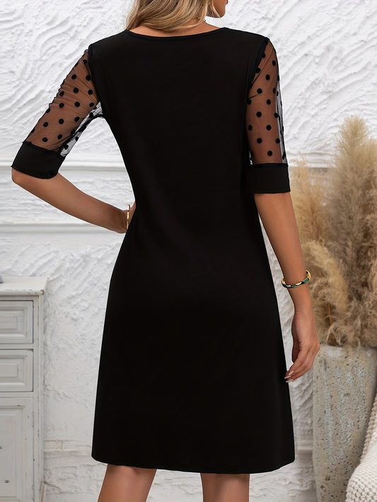 Midi Dress for Women – Fit and Flare, Contrast Lace Half Sleeves, Crew Neck and A-Line Hem