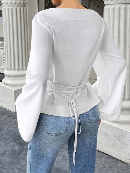 White Blouse for Women Back Tie Flared Sleeve Lightweight Shirt for Office Dinner Summer