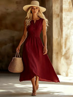 Women's Summer French-Style Waist-Cinching Midi A-Line Holiday Style Maxi Dress, 2026 New Arrival Classic Comfortable Sleeveless V-Neck Single-Breasted Dress